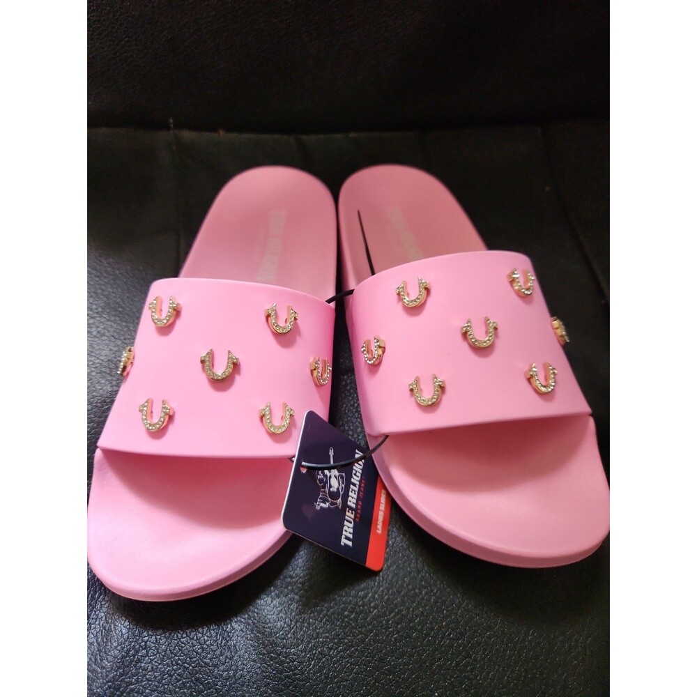 True Religion Pink Logo Slide Sandals Slip-On Flat Womens US 7 (Mislabeled 8 )